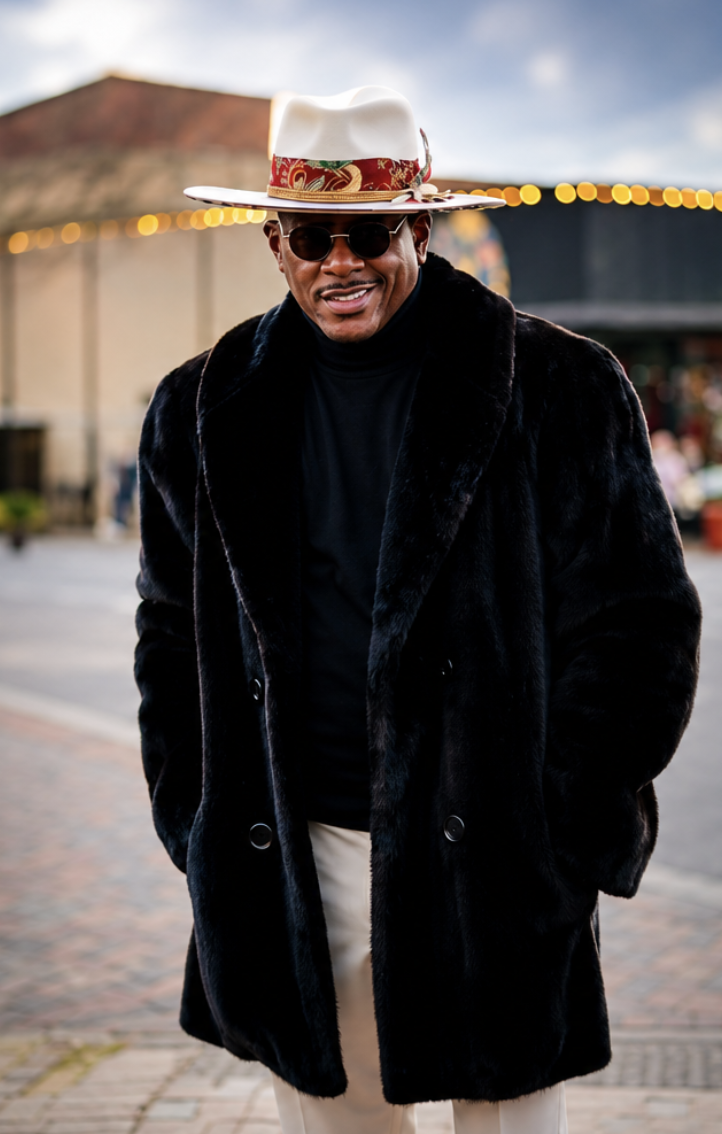 Client in a fur coat wearing an ivory Kerry Kouture fedora with a crimson patterned band