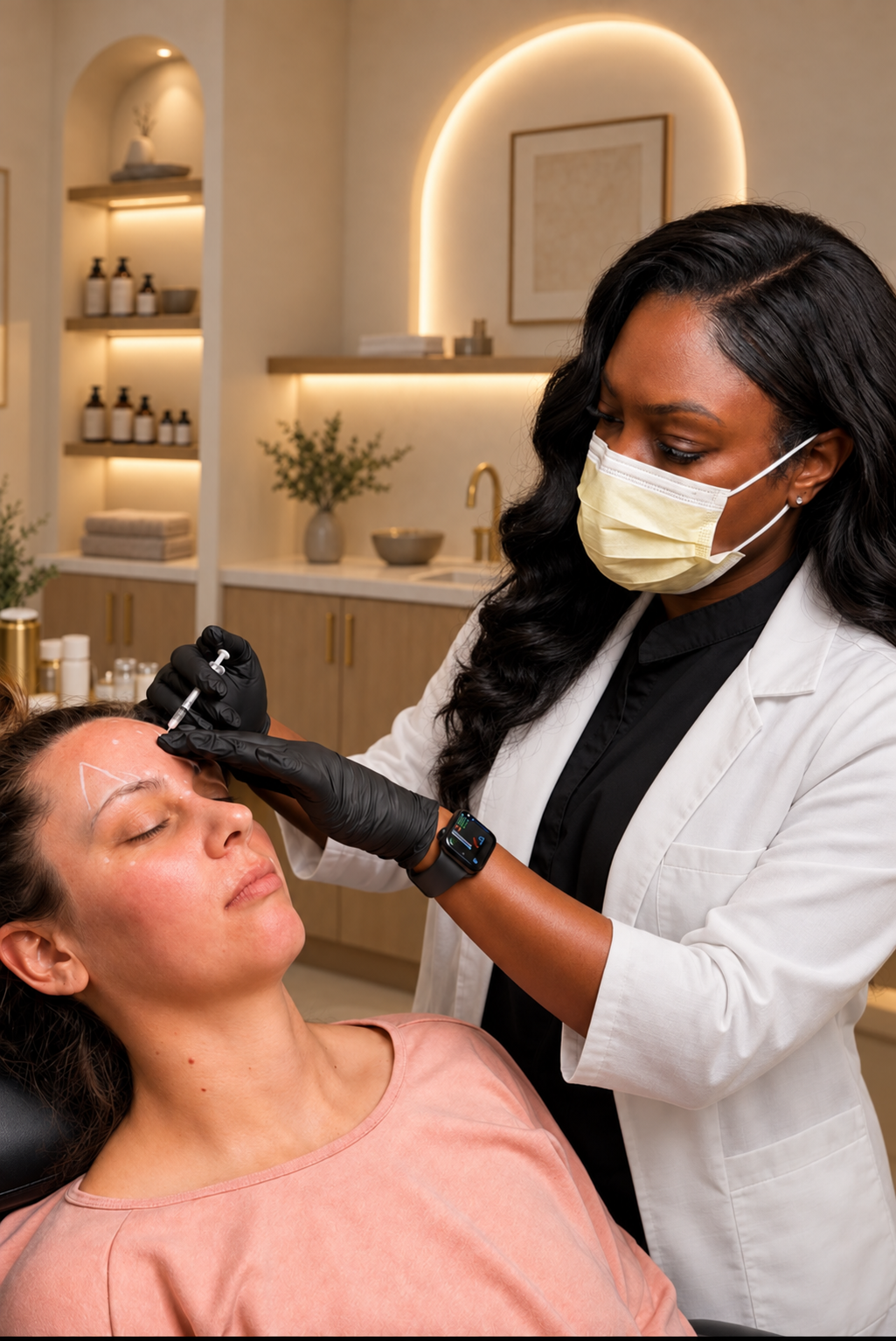 Kim Williams providing an aesthetics treatment in a warm med-spa setting