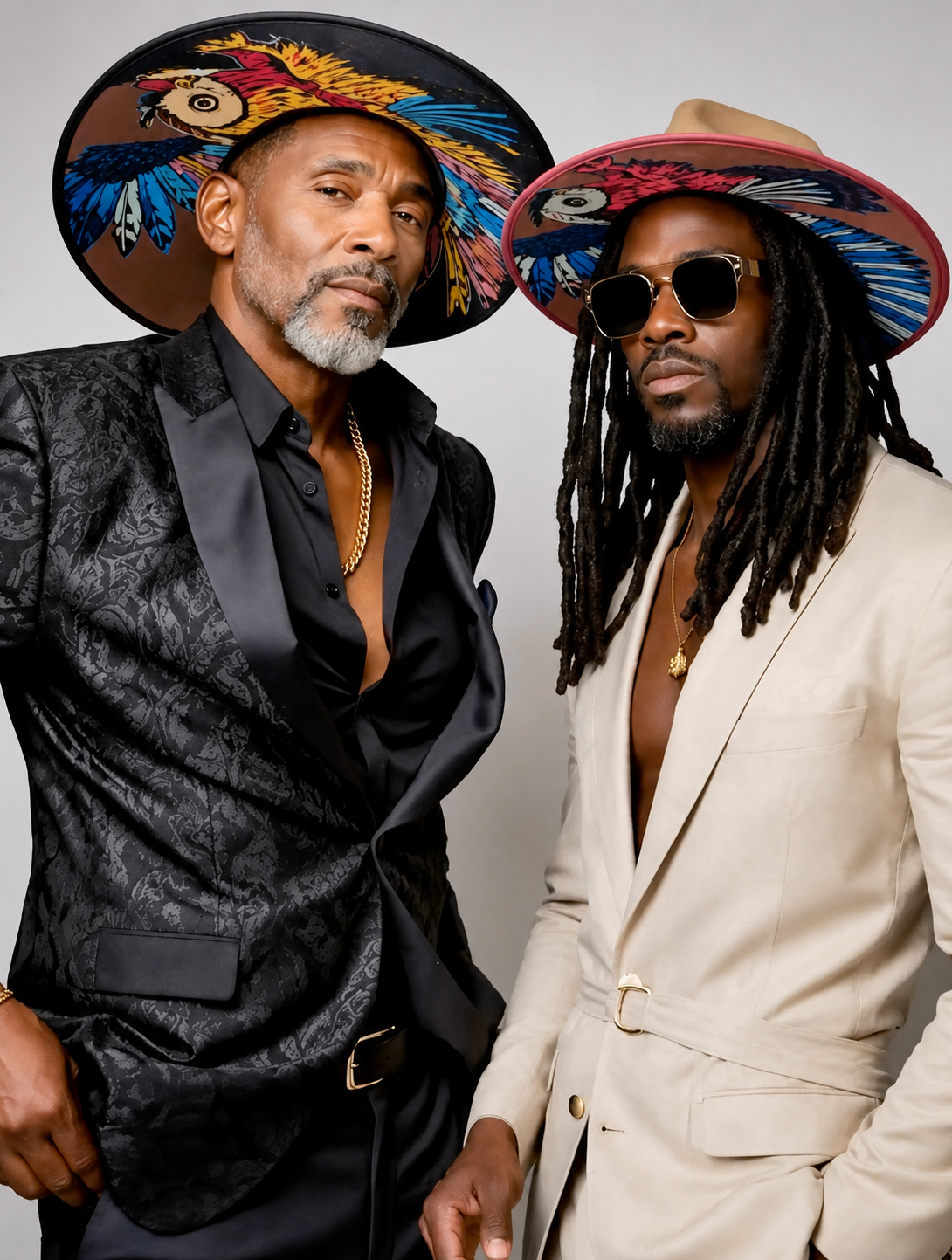 Two clients in wide-brim Kerry Kouture fedoras with the painted owl underbrims on show