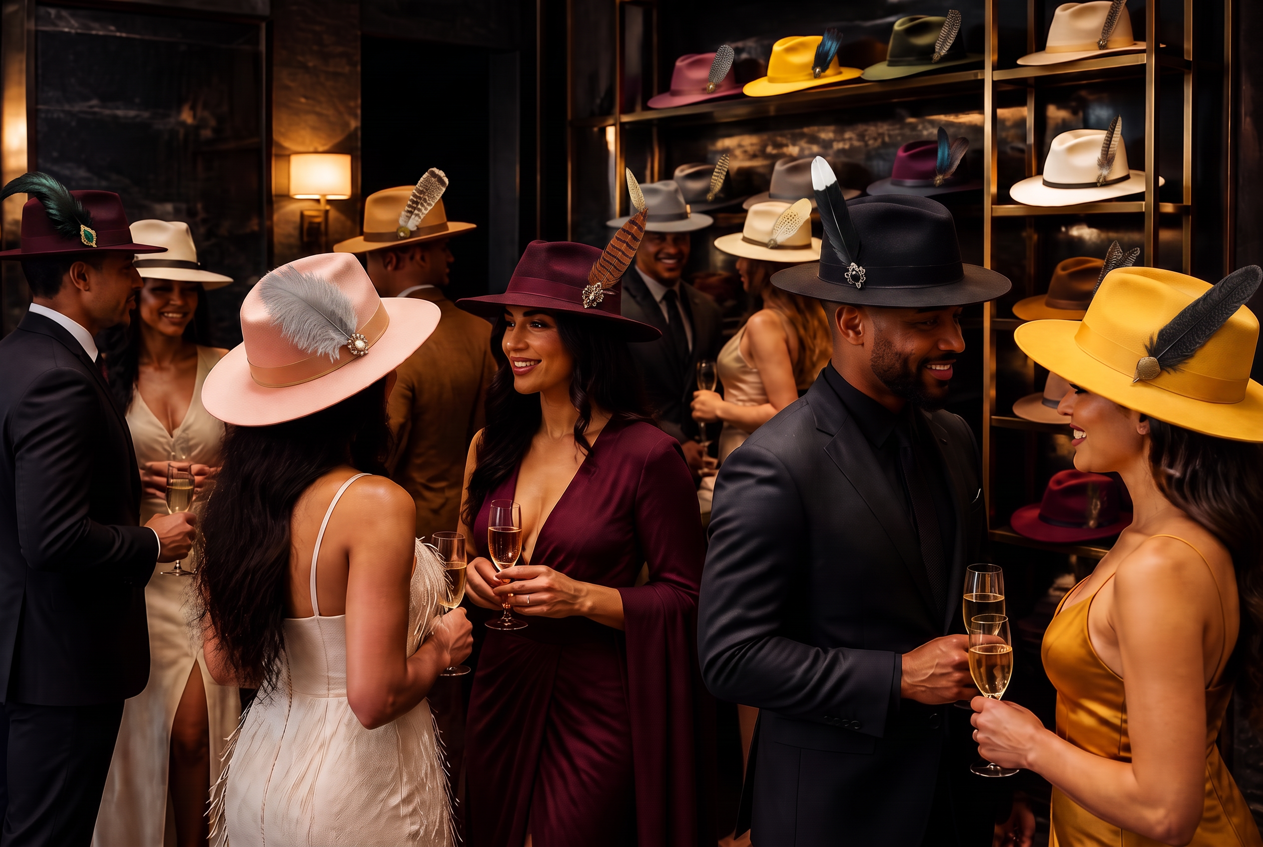 Women and men wearing feathered Kerry Kouture fedoras at an evening boutique mixer