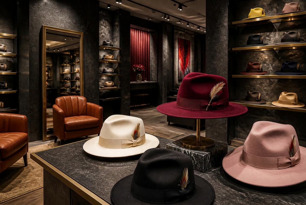 A premium boutique displaying luxury fedoras for a Kerry Kouture retail partnership