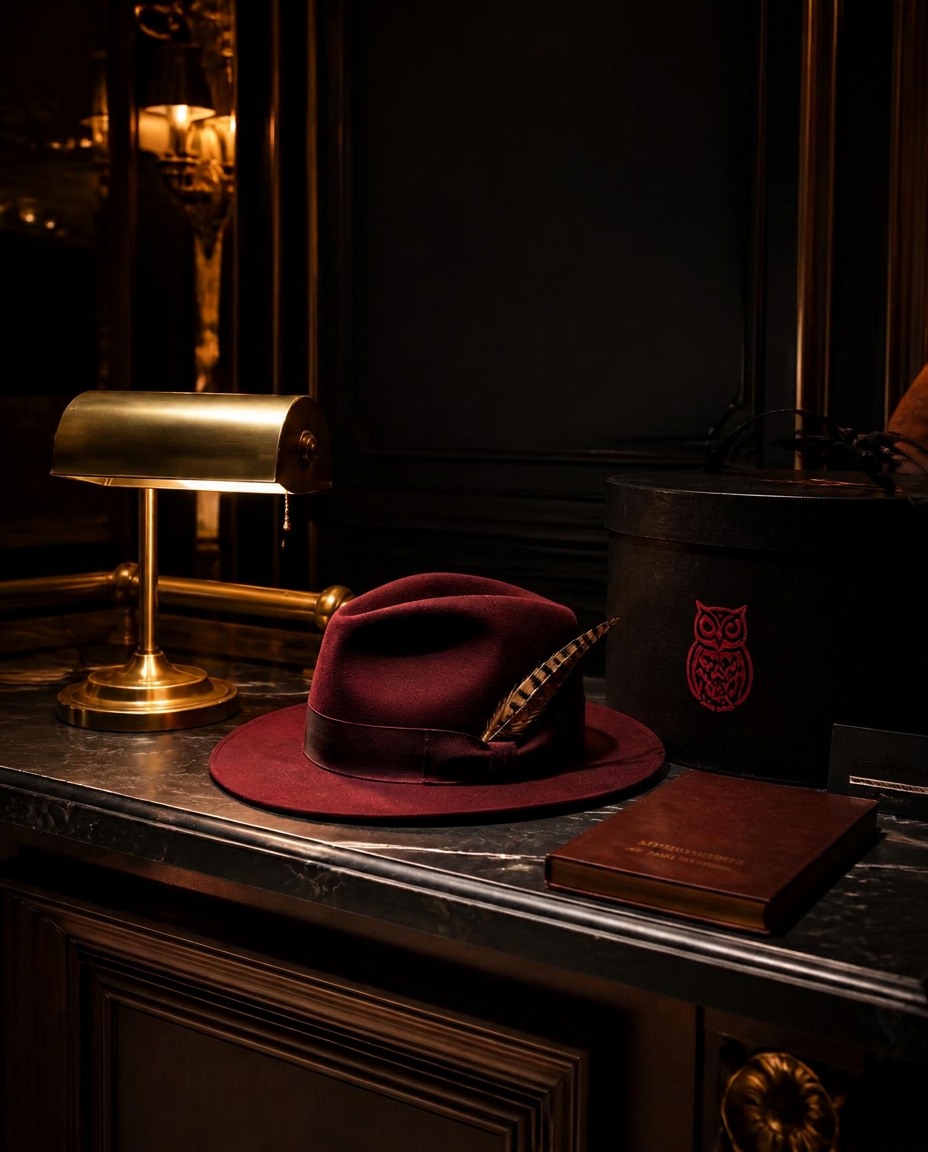 Kerry Kouture concierge counter at night with a burgundy feathered fedora and owl hat box