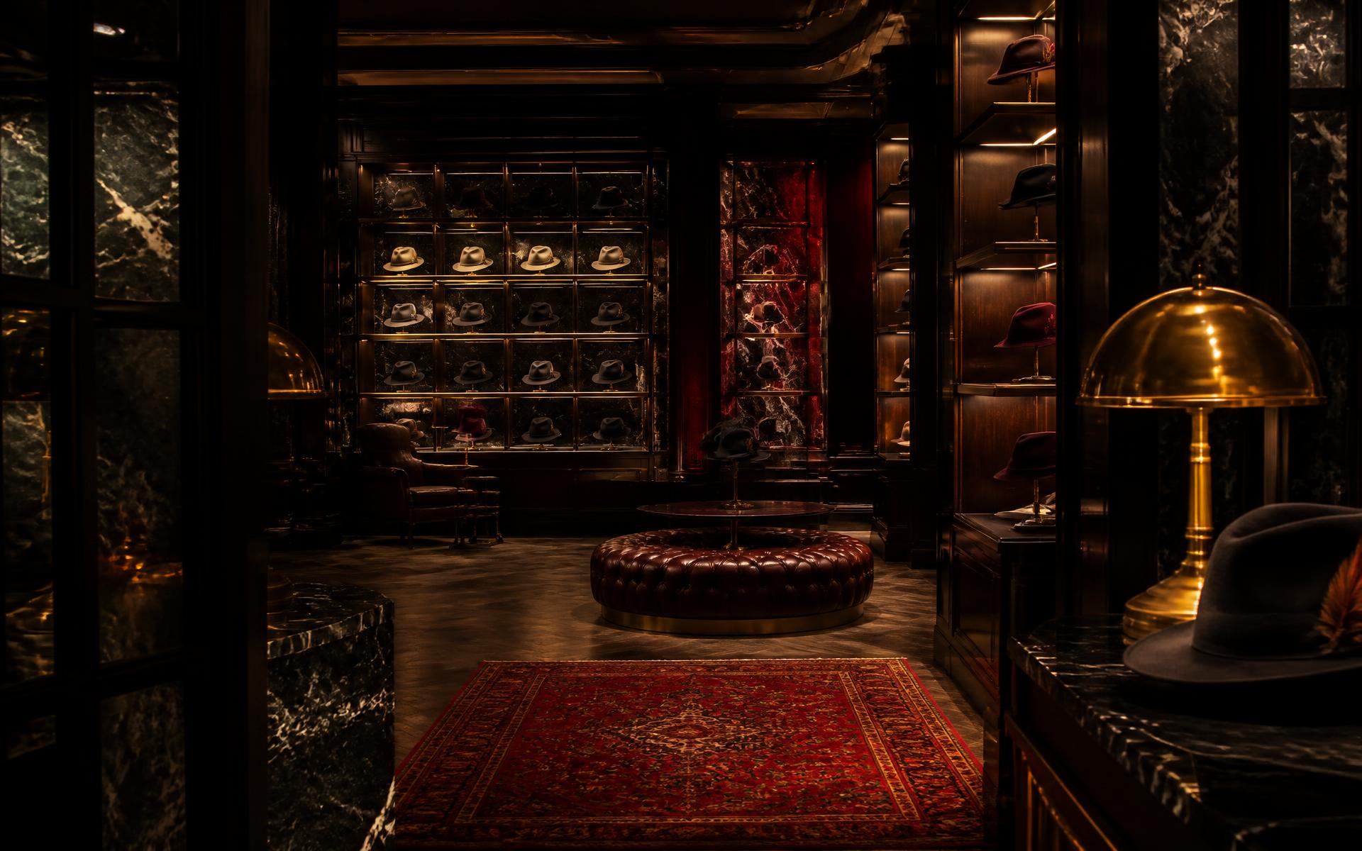 Interior of the Kerry Kouture boutique at night, feathered fedoras on lit shelving