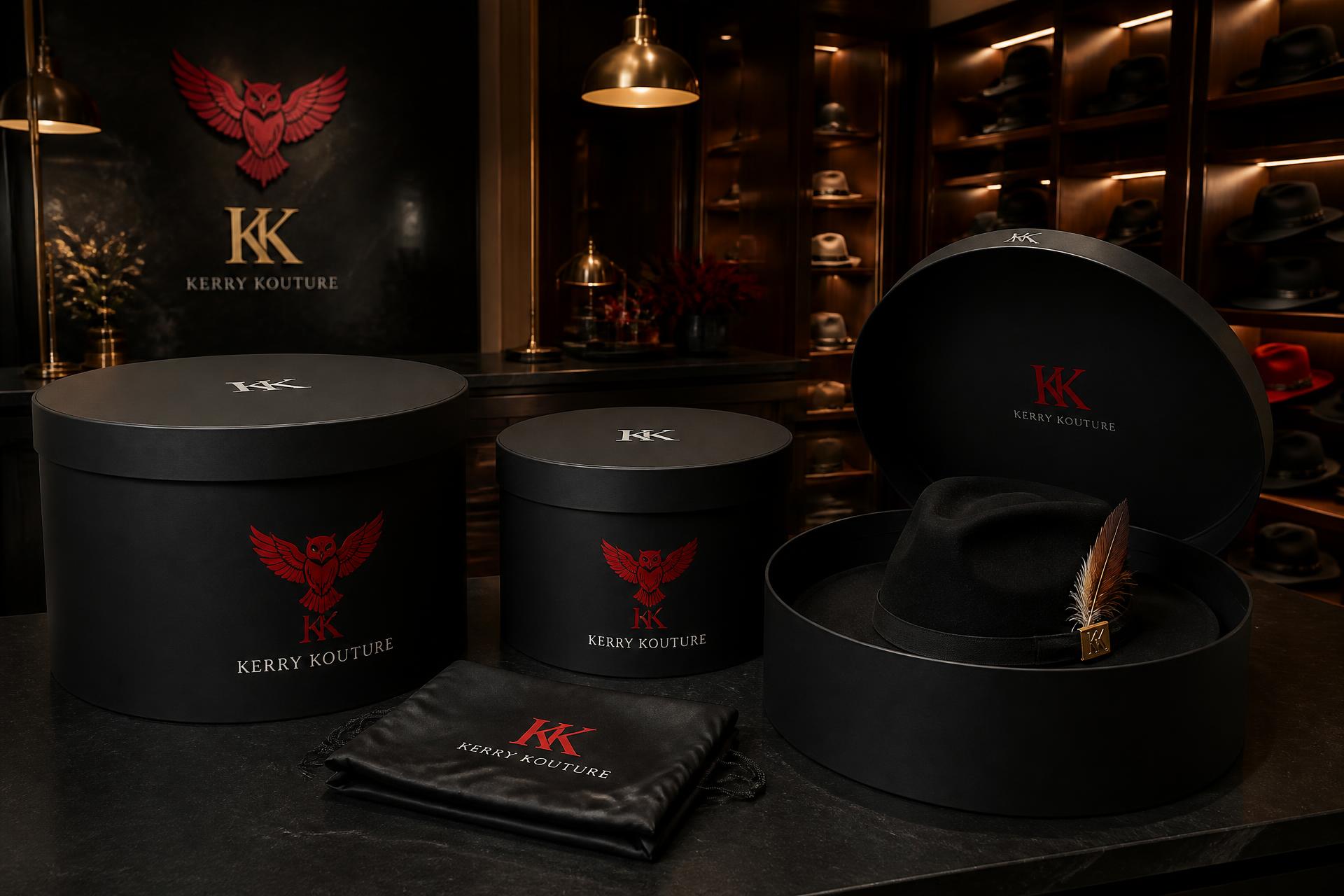 Kerry Kouture presentation boxes and a feathered fedora staged in a boutique