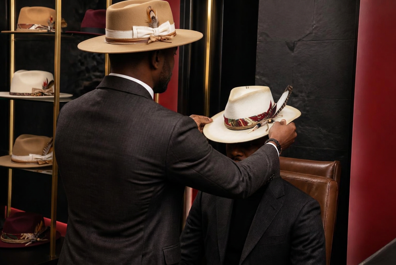A private Kerry Kouture fedora fitting inside a luxury hat salon