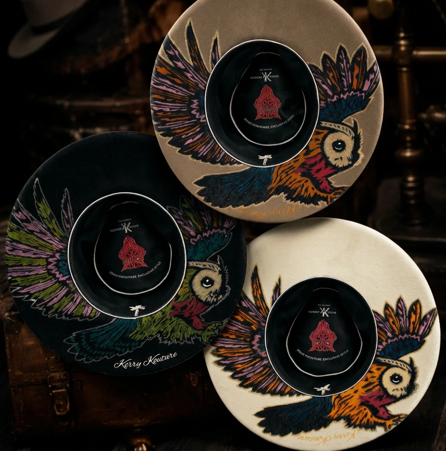 Detail of three Kerry Kouture fedoras with owl underbrims