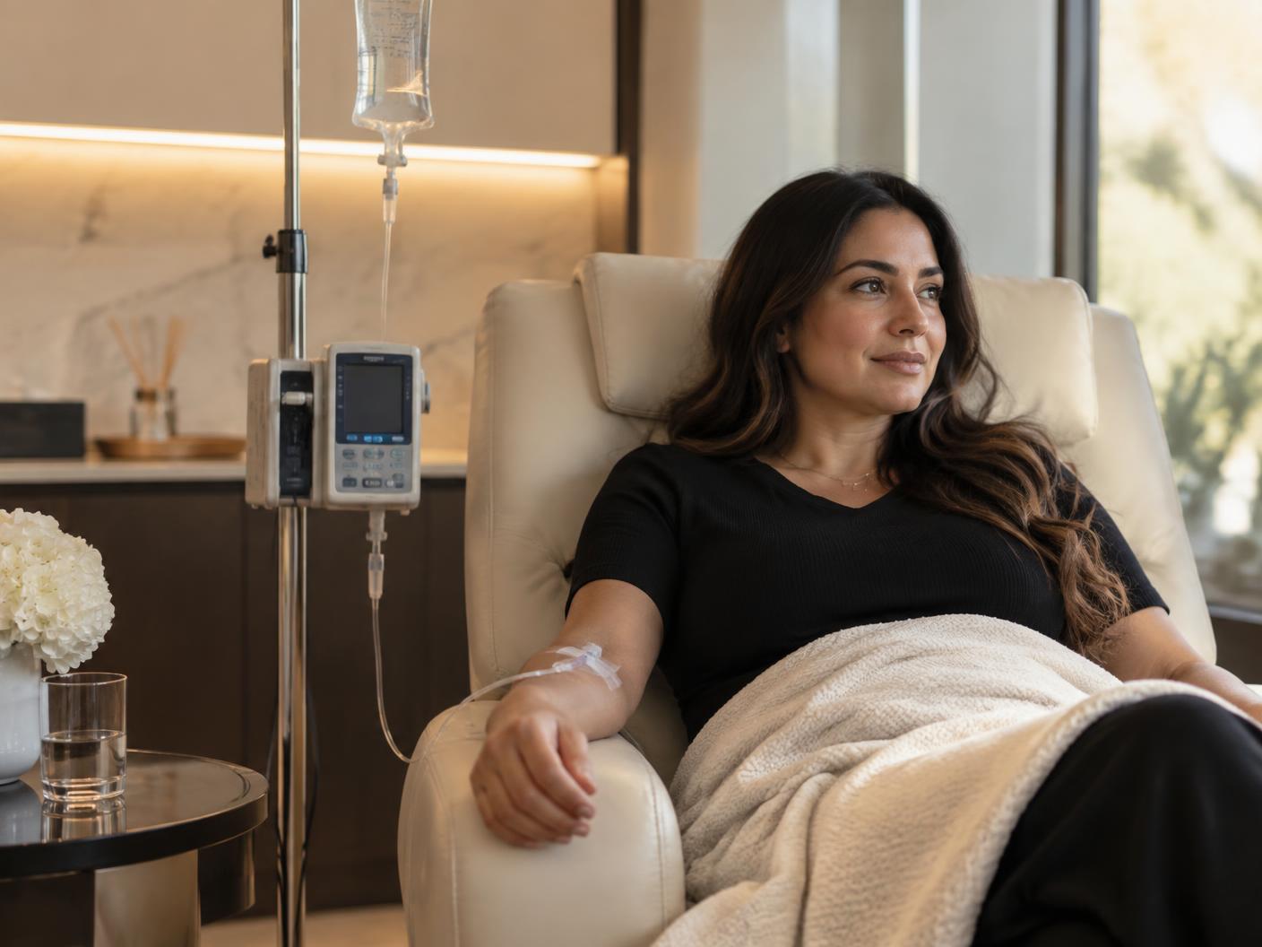 Latina woman receiving an infusion in a refined wellness setting