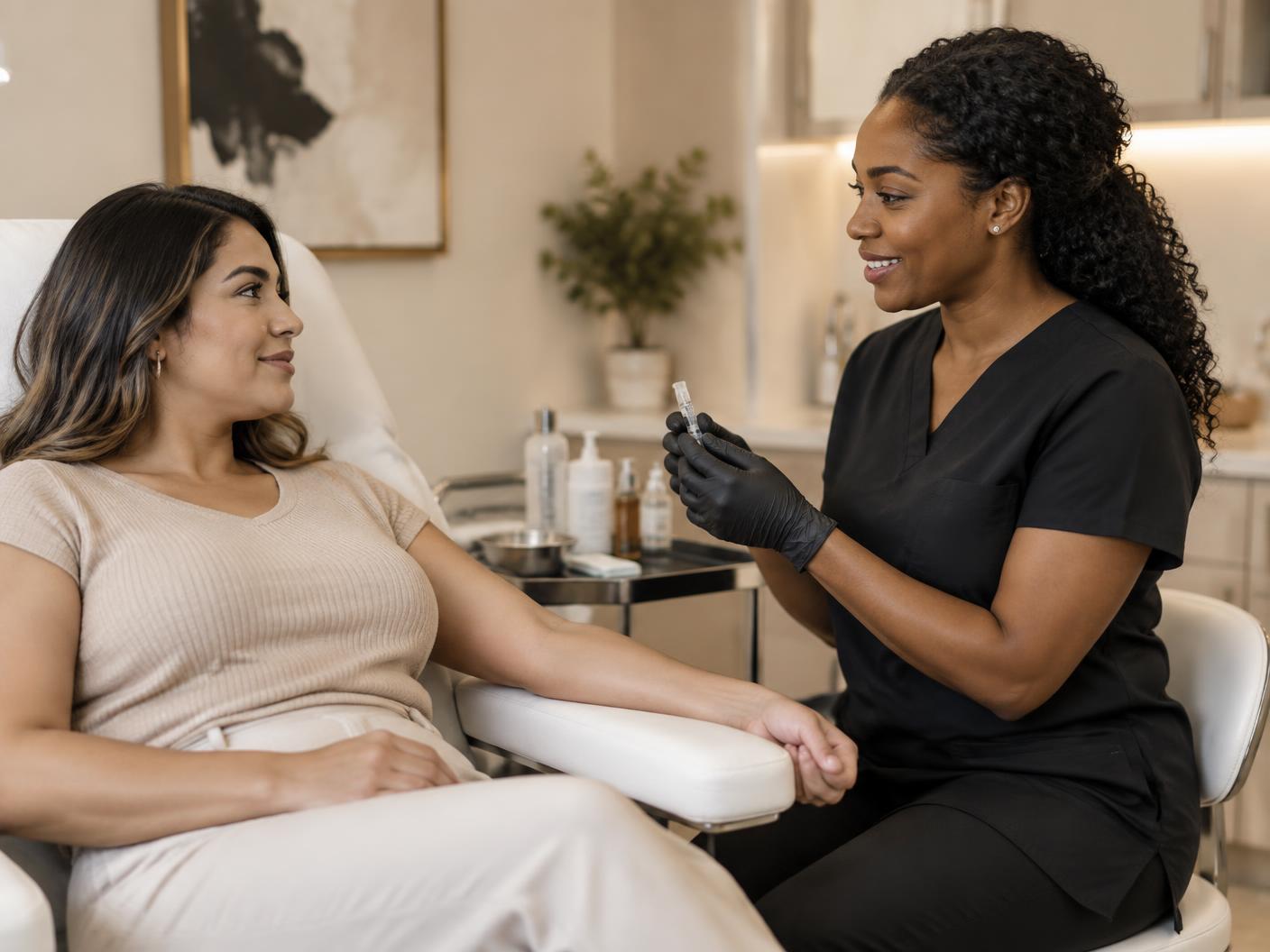 Black woman clinician preparing a vitamin injection with a Latina patient